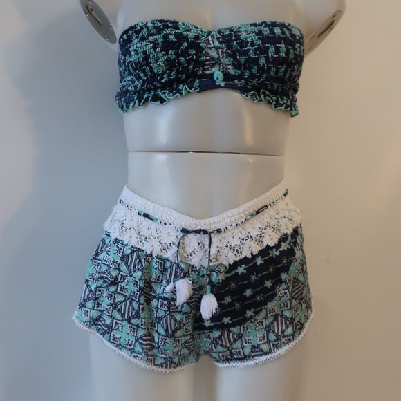 Womens Poupette St Barts Navy White Pure Silk 2 Pc Set Bandeau Top Shorts OS - Picture 1 of 7